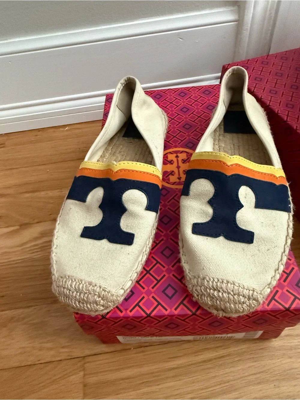 Tory Burch Cream Canvas Espadrilles with Navy Logo and Orange & Yellow Trim